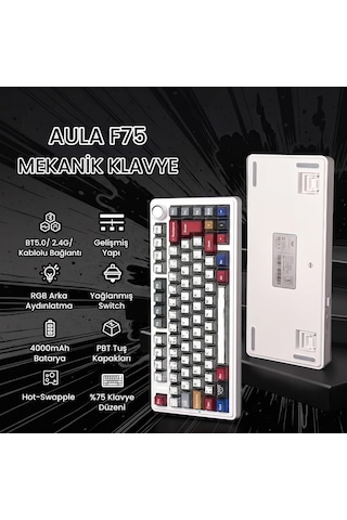 F75 Mekanik Rgb Tkl Graywood V4 Switch Kablosuz Makrolu Hot Swap Türkçe Q Klavye Comic