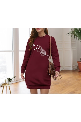 Nnstartshopping Kadın Uzun Kollu Bisiklet Yaka Desenli Viskon Iki Iplik Elbise Bordo
