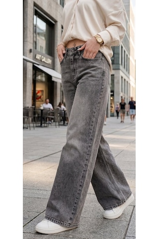 HLT Jeans Gri Kar Kadın Wide Leg Jean %100 Pamuklu Yüksek Bel Palazzo Kot Pantolon Angel-2050 Kar Yıkama