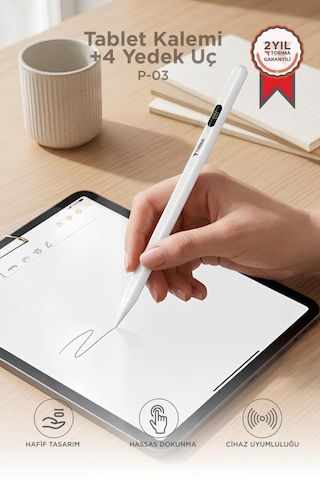Tablet Kalemi Hassas Dokunmatik Çizim Ve Yazım Kalemi 4 Yedek Uçlu P03 Beyaz