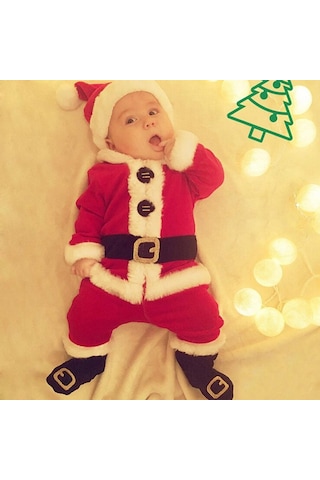 Suntek Bebek Erkek Kız Noel Baba Kostüm Seti 4 Adet Kırmızı