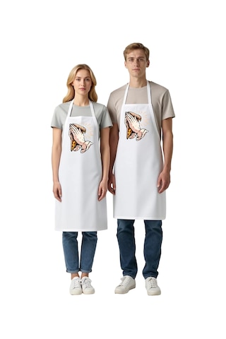 Kadın Unisex Mutfak Aşçı Önlüğü Dua Eden Eller Pizza Baskılı Sana Beyaz