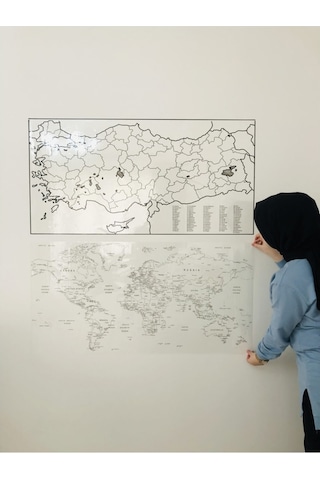 Türkiye Ve Dünya Haritası Yazı Tahtası Akıllı Kağıt Tahta Statik-Şeffaf