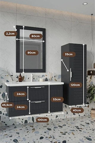 Erguvan Gümüş Kulp Antrasit 100 Cm %100 Mdf Lavabolu Banyo Dolabı Ayna Lavabo Boy Dolabı Antrasit