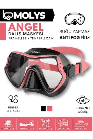 Molys Angel Dalış Maskesi + Antı Fog Buğu Önleyici Film + Pro Full Dry Tam Kuru Şnorkel + Maske Koruma Kutusu Set Halinde Siyah - Pembe