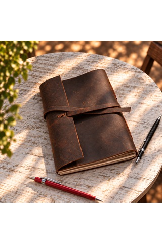 El Yapımı Hakiki Deri Defter Kişiye Özel Vintage Seyahat Günlük Not Defteri Kahverengi - Taba