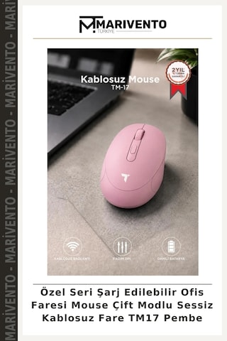 Özel Seri Şarj Edilebilir Ofis Faresi Mouse Çift Modlu Sessiz Kablosuz Fare Tm17 Pembe