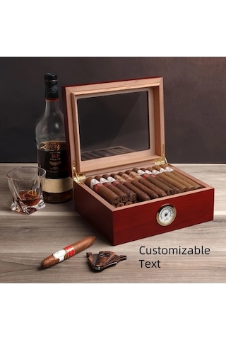 Besthome1 Fochsia Eski Renk Özel Yazılı Şeffaf Kapaklı Kaliteli Ahşam Puro Kutusu Kesici Çakmak Hediyeli