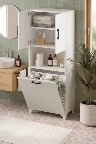 Bofigo Çok Amaçlı Dolap Banyo Dolabı Kirli Çamaşır Sepeti Dolabı Damla Beyaz Beyaz