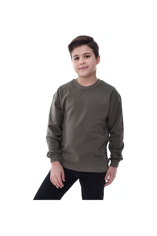 Basic Bisiklet Yaka Şardonlu Çocuk Sweatshirt 3-10 Yaş Krem Haki