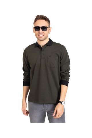 Erkek Orta Yaş ve Üzeri Polo Yaka Cepli Uzun Kollu Fitilli Mevsimlik Sweatshirt 1219-Haki Yeşili-Haki Yeşili Haki