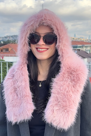 Mollycrush Kadın Pembe Suni Kürk Eşarp Atkı Şapka Kışlık Sıcak Tutan Soft Peluş Model Pembe