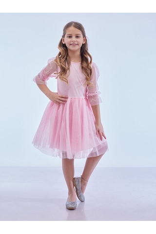 Ahengim Kız Çocuk Yıldız Baskılı Trend Tül Elbise Ak2246 Pembe