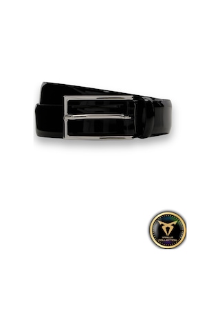 Vanilla Collection Rugan Vegan Deri Kemer Gümüş Metal Tokalı İnce Model Parlak Siyah Rugan Siyah