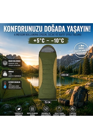 4 Mevsim Uyku Tulumu +5 C -10 C Kamp Uyku Tulumu Nefes Alabilen Kumaş Yeşil