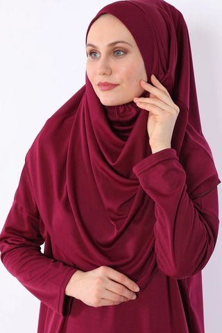 Pratik Başörtülü Tek Parça Namaz Elbisesi Bordo-21015 Gül Kurusu