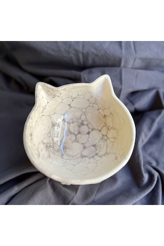 Bylewoo Siyah Beyaz Ebru Desen Kedicik Model Seramik Mama Kabı