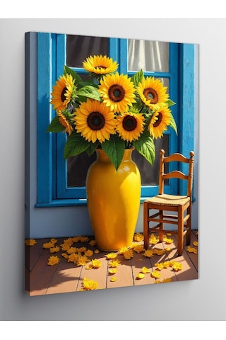 Kanvas Tablo Mavi Vazoda Günebakan Çiçekler 50cmx70cm