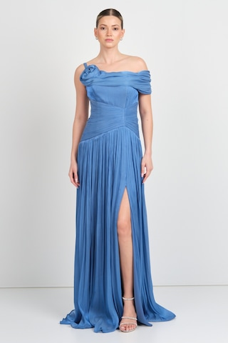 Mor Sposa Kadın Tek Kol Detaylı Derin Yırtmaçlı Şifon Abiye Elbise W0182 Indigo İndigo