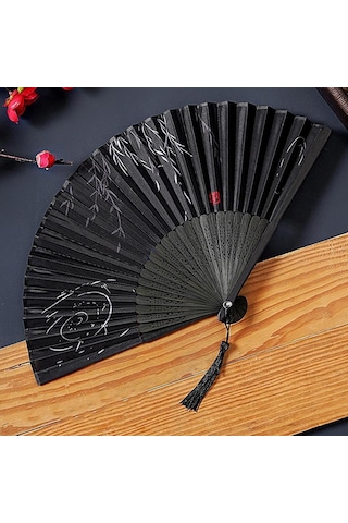 Beluga Yelpaze Bambu Serinletici Vintage Siyah Şık Dekorasyon Püsküllü Japon Yelpaze 0150