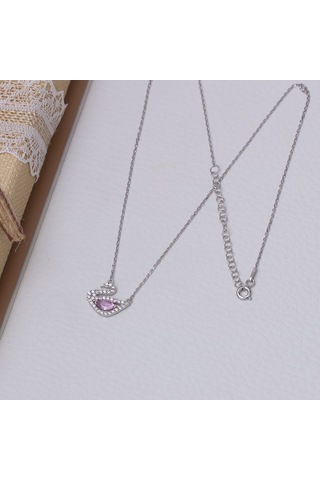 Kuğu Model Pembe Zirkon Taşlı 925 Ayar Gümüş Kadın Kolye