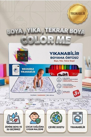 Boya Beni Yıkanabilir 100x150 Cm 12 Farklı Renkli Keçeli Kalemli Eğitici Oyuncak Boyama Halısı