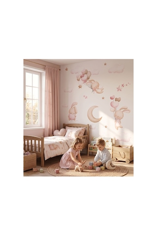 Pembe Bulutlar Bunny Çocuk Odası Poster Duvar Kağıdı Çok Renkli