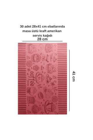 30 Adet 28x41 Cm Ebatlarında Masa Üstü Kraft Amerikan Servis Kağıdı Pasta Desen Pembe