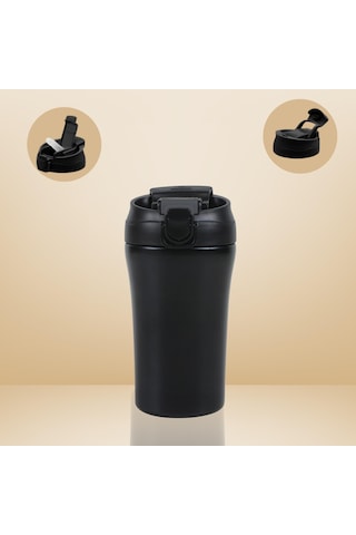 Paslanmaz Çelik Bardak Mug Termos 380 Ml Çift Katmanlı, Sızdırmaz Kapaklı-284 Siyah