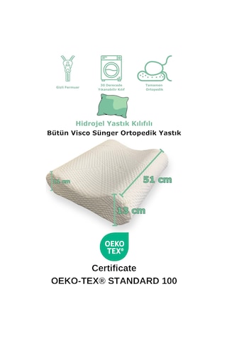 Rudu Hidrojel Hydrogel Kılıf, Bütün Visco Visko Medical Yastık 51x41x13-11cm 1350 Gr Omuz/boyun Destekli Beyaz - Yeşil