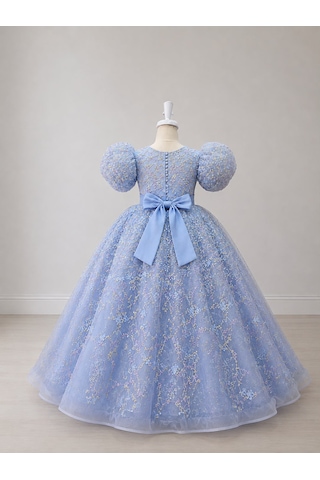 Star Kids Fashion Kız Çocuk Mavi Prenses Elbisesi Çiçek İşlemeli Tüllü Kabarık Kollu Doğum Günü Abiye Elbise