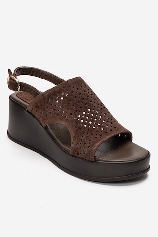 Luvishoes Jadıra Kahverengi Süet Hakiki Deri Delikli Kadın Dolgu Topuklu Sandalet