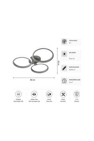 AvizeGO Yuno Led Plafonyer Avize Beyaz Işık Gri