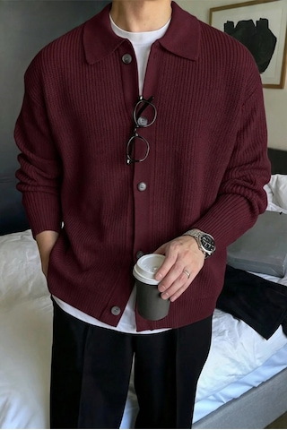 Serablanka Erkek Polo Yaka Oversize Triko Hırka Bordo