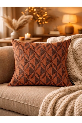 Kiremit Melanj Geometrik Desenli Keten Kırlent Kılıfı 43x43 Cm Premium Collection Kiremit - Siyah