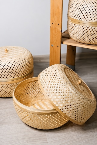 Bohem Dekoratif Kapaklı Bambu Kutu, Sepet, Iskandinav, Modern, Bohem, Rattan Bej