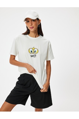 Koton Tweety Oversize Tişört Arkası Baskılı Bisiklet Yaka Lisanslı Ekru 4sal11194ık Ekru