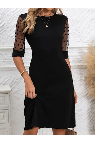Kadın Puantiyeli Tül Kollu Bisiklet Yaka Janjan Krep Elbise Siyah
