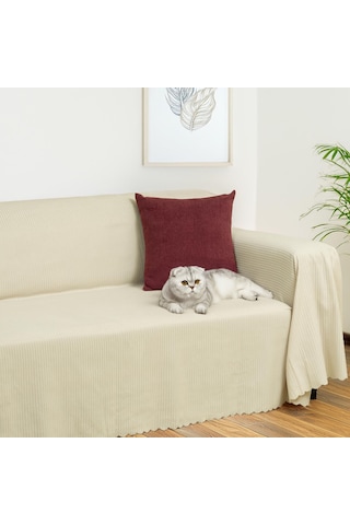 Mikrofiber Şönil Fitilli Minimalist Koltuk Örtüsü -175x350 Cm Xlarge, Çift Taraflı, Kaymaz, Terletmez Krem krem