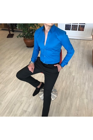 Italyan Stil Slim Fit Dik Yaka Saten Erkek Gömlek Saks T4744 Saks