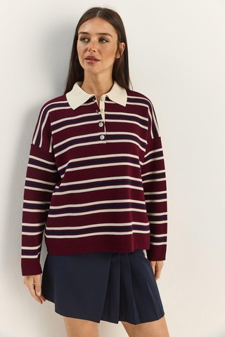 Shade Polo Yaka Çizgili Basic Triko Kazak 20258061 - Bordo
