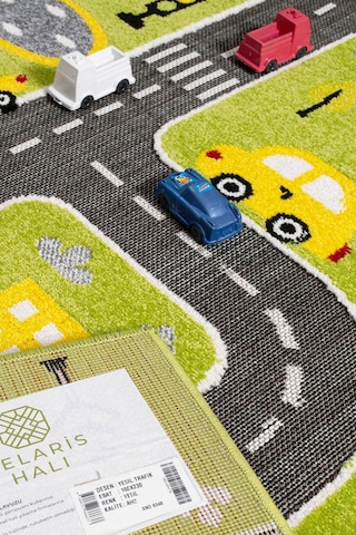 3 Boyutlu Trafik Arabalı Halı Dokuma Çocuk Halısı Anaokul Kreş Oyun Araba Halısı Yeşil