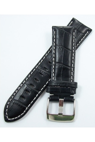 Bizon Siyah Deri Saat Kordonu 24Mm Beyaz Dikişli Spor Kayışı Krok