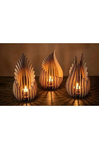 Ateş 3'lü Tealight Mumluk Ahşap Mumluk + Led Pilli Mum Ham Mdf