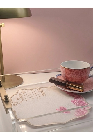 2 Adet Pip Royal Uyumlu Pembe Beyaz Nakışlı Lüks Keten Sunum Peçetesi 15x15cm Çok Renkli