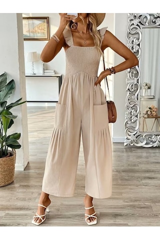 Alyn Wear Kadın Askılı Gipe Detaylı Cepli Uzun Tulum Bej