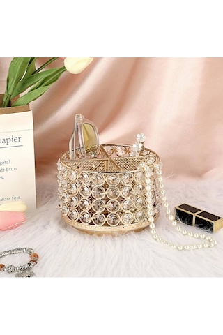Chacha Home Kristal Taşlı 4 Bölmeli Metal Makyaj Fırçalık Ve Takı Düzenleyici Stand 15x11 Cm - Lüks Masaüstü Organizer Rose Gold