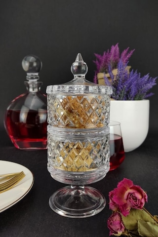 Digithome KU.MKZ.002 Ayaklı 2 Katlı Cam Sunumluk Kurabiyelik ve Şekerlik 20 CM