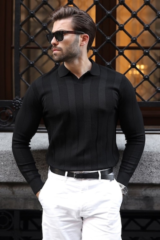 Madmext Siyah Regular Fit Polo Yaka Triko Erkek Kazak E7509
