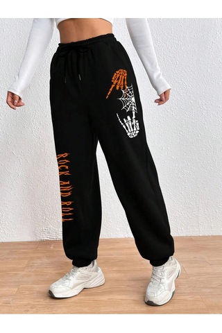 Halloween Skeleton Hand & Letter Graphic Drawstring Waist 4 Mevsim Eşofman Siyah